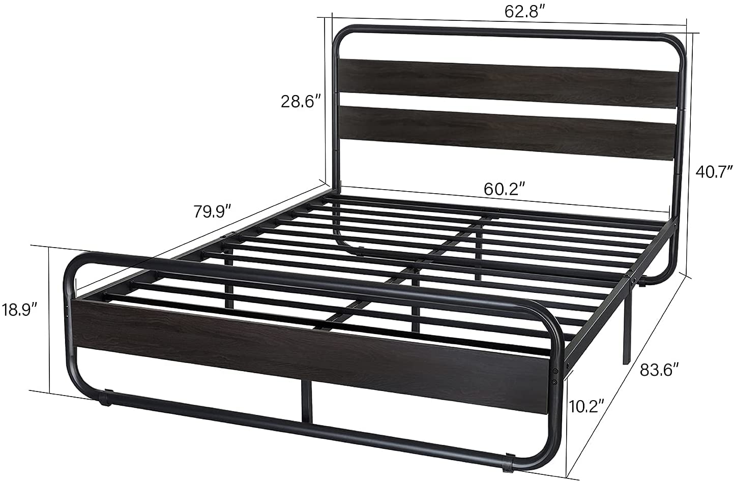 Metal Bed Frame with Wooden Headboard & Footboard, Noise Free, No Box Spring Needed