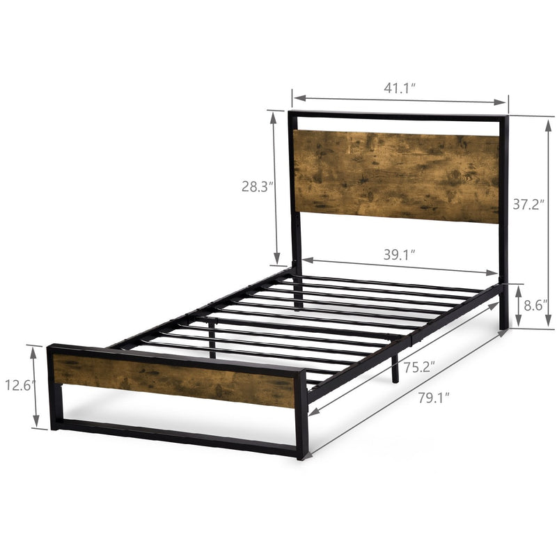 Modern Bed Frame with Wooden Industrial Headboard, Noise Free Design