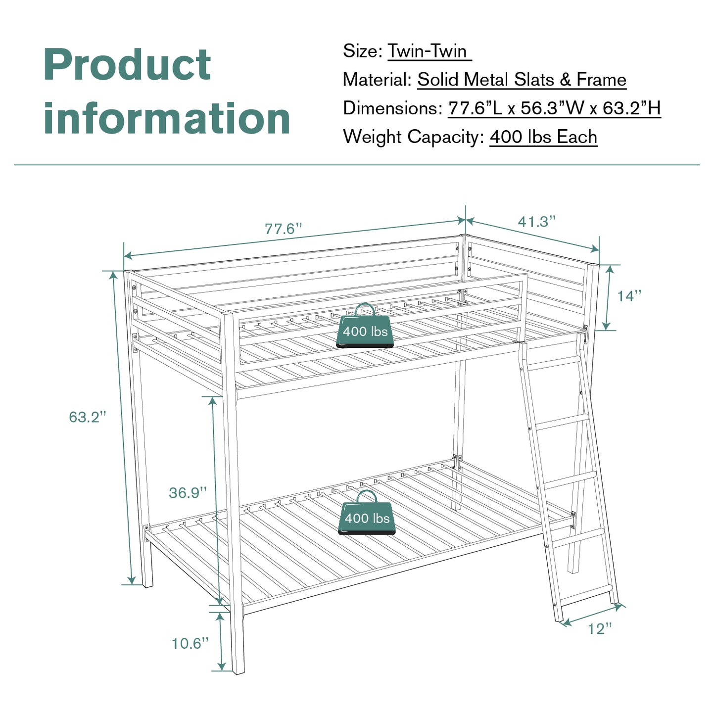 Bunk Bed Twin Over Twin Size with Ladder for Junior, Metal Twin Bunk Beds with Safety Full-Length Guardrail, Space-Saving / No Box Spring Needed / Noise Free