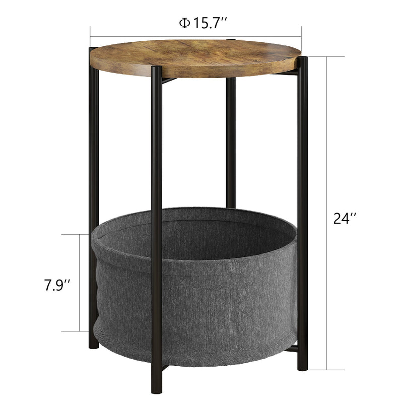 Round Side Table with Fabric Storage Basket, Industrial End Table, Bedside Table, Coffee Table with Metal Frame