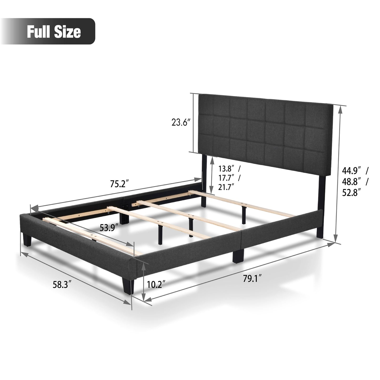 Fabric Upholstered Platform Bed Frame, Panel Bed Frame with Adjustable High Headboard