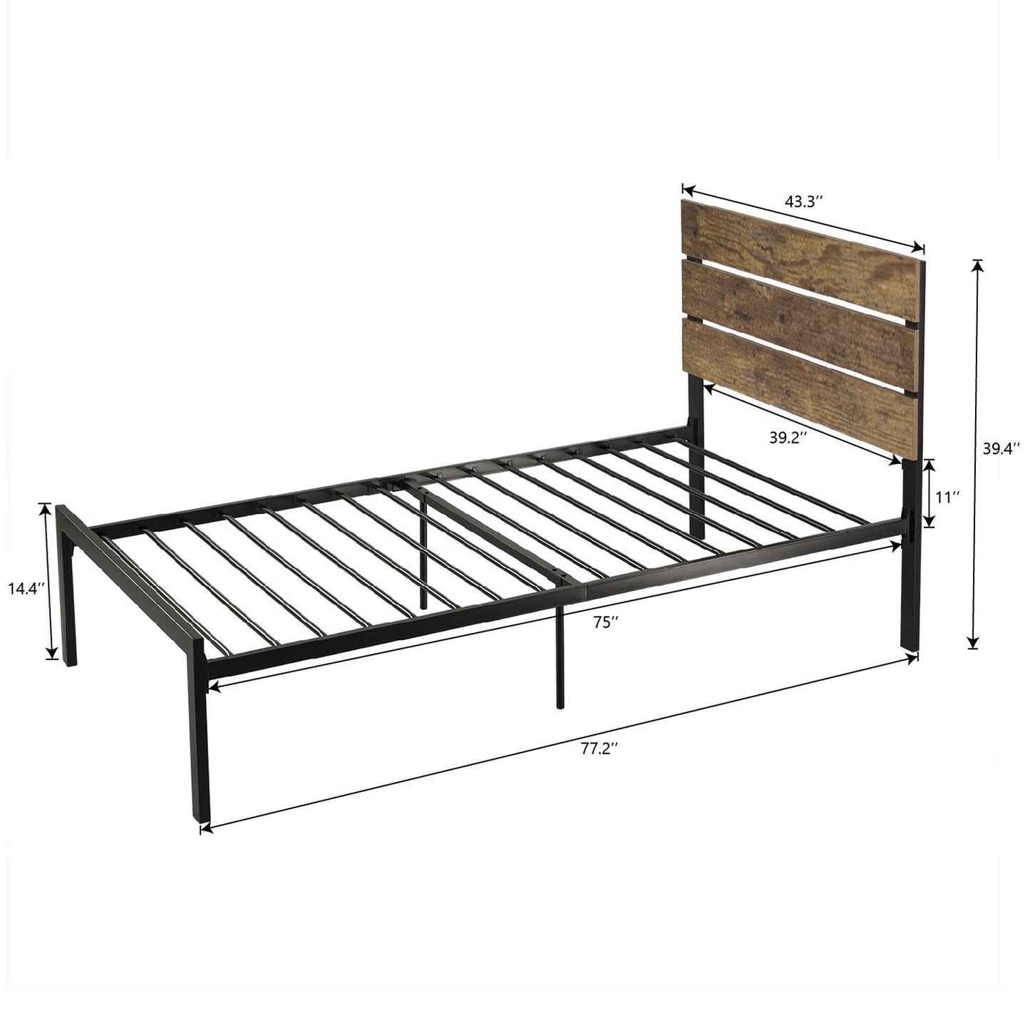 Platform Bed Frame with Wood headboard and Metal Slats / Rustic Country Style Mattress Foundation
