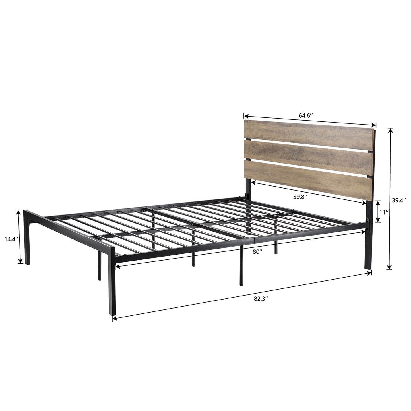 Platform Bed Frame with Wood headboard and Metal Slats / Rustic Country Style Mattress Foundation