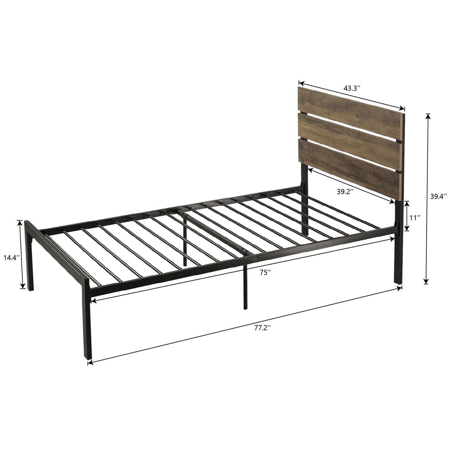 Platform Bed Frame with Wood headboard and Metal Slats / Rustic Country Style Mattress Foundation
