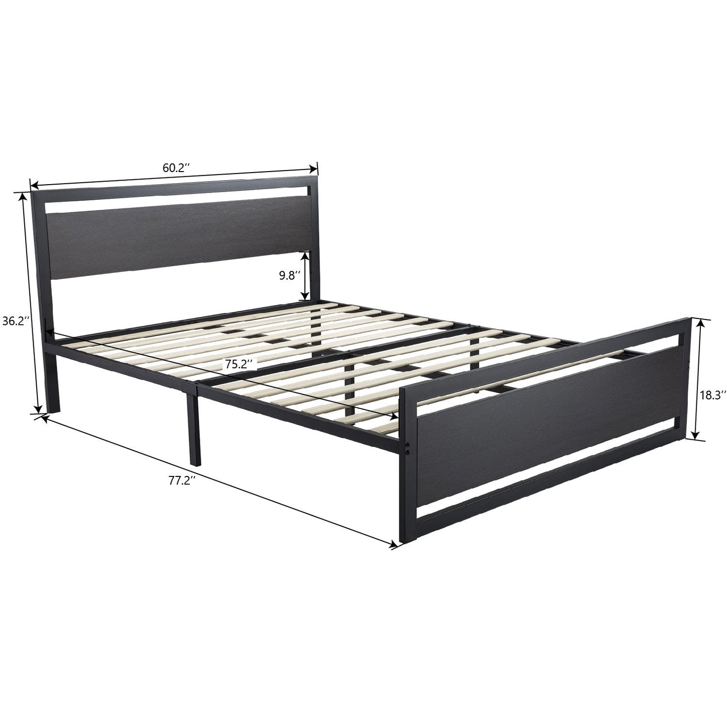 Heavy Duty Platform Bed, Metal Bed Frame with Modern Wooden Headboard & Footboard