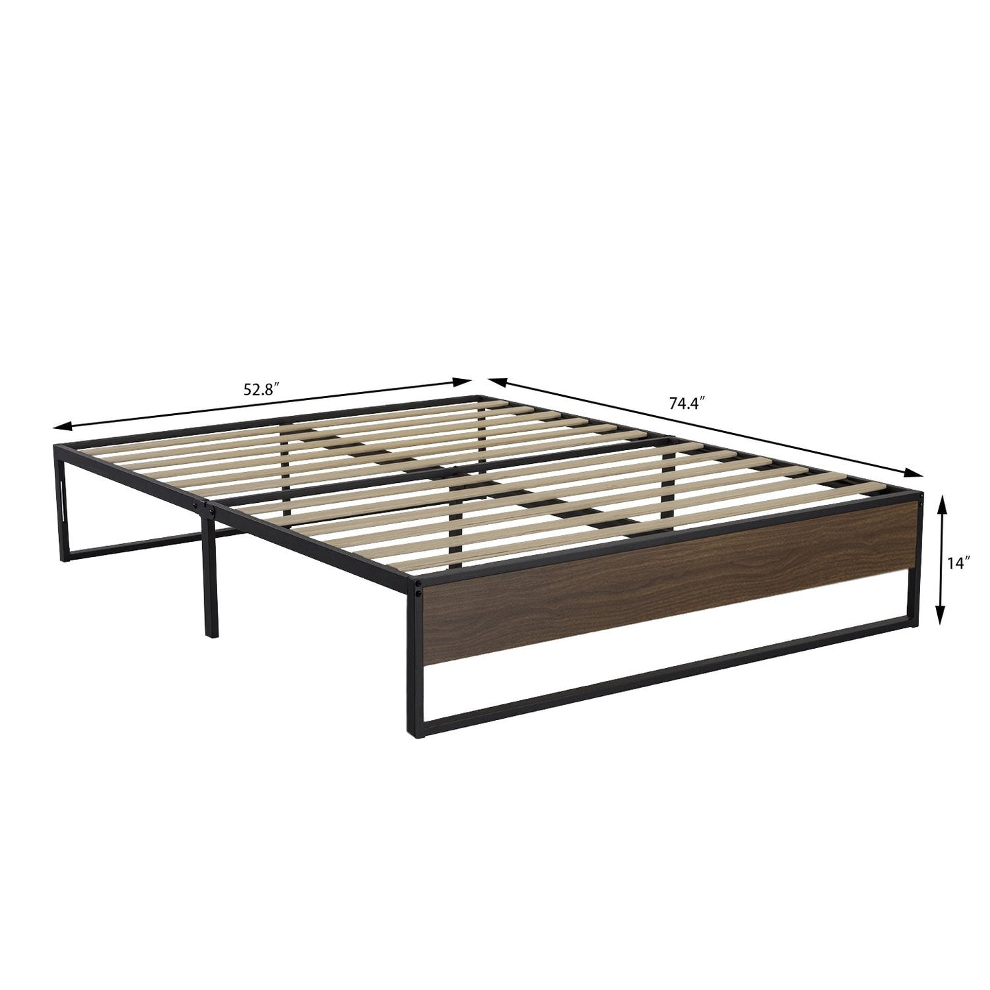 14 Inch Metal Bed Frame with Storage, Mattress Foundation with Rustic Wood