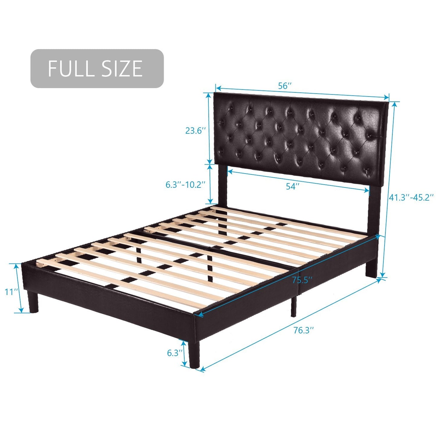 Faux Leather Upholstered Bed Frame with Adjustable Diamond Stitched Button Tufted Headboard
