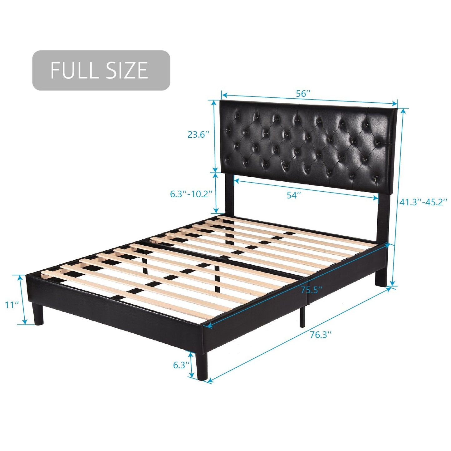 Faux Leather Upholstered Bed Frame with Adjustable Diamond Stitched Button Tufted Headboard