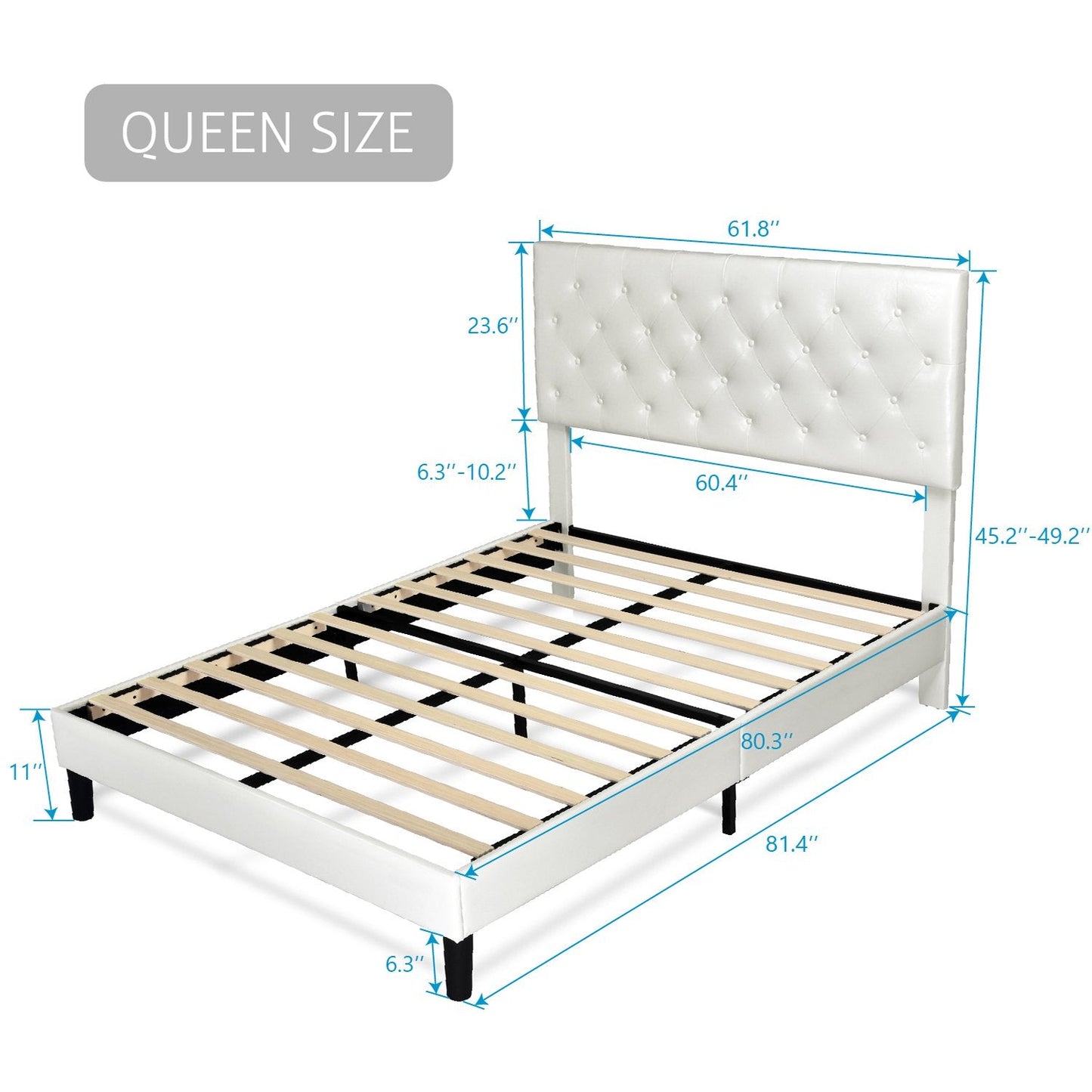 Faux Leather Upholstered Bed Frame with Adjustable Diamond Stitched Button Tufted Headboard