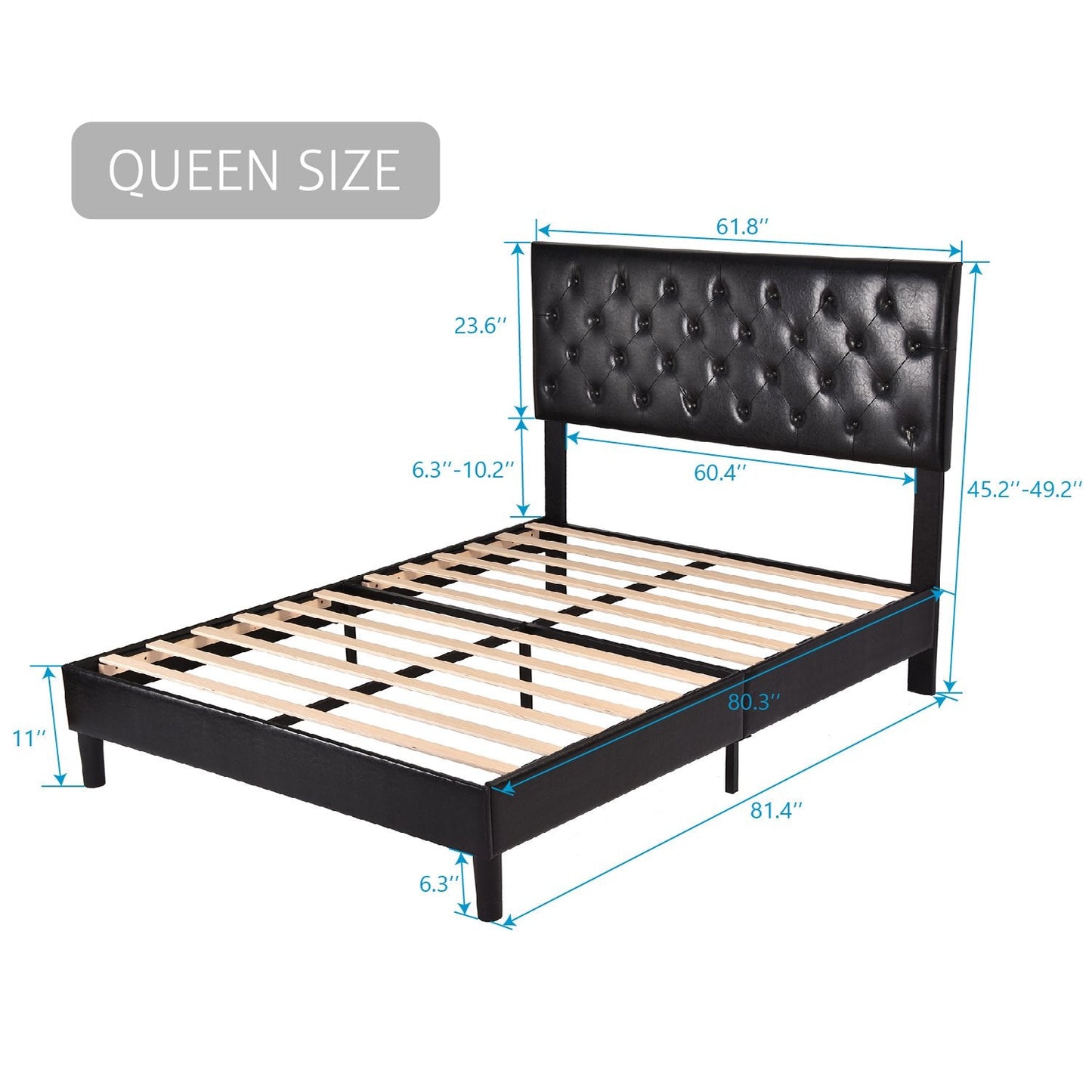Faux Leather Upholstered Bed Frame with Adjustable Diamond Stitched Button Tufted Headboard