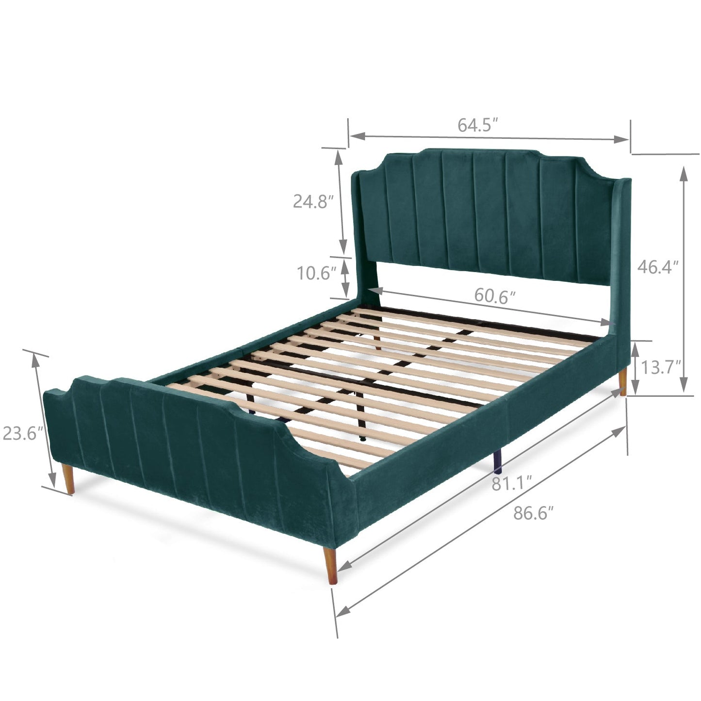 Modern Curved Wood Bed Frame with Upholstered Wingback Headboard