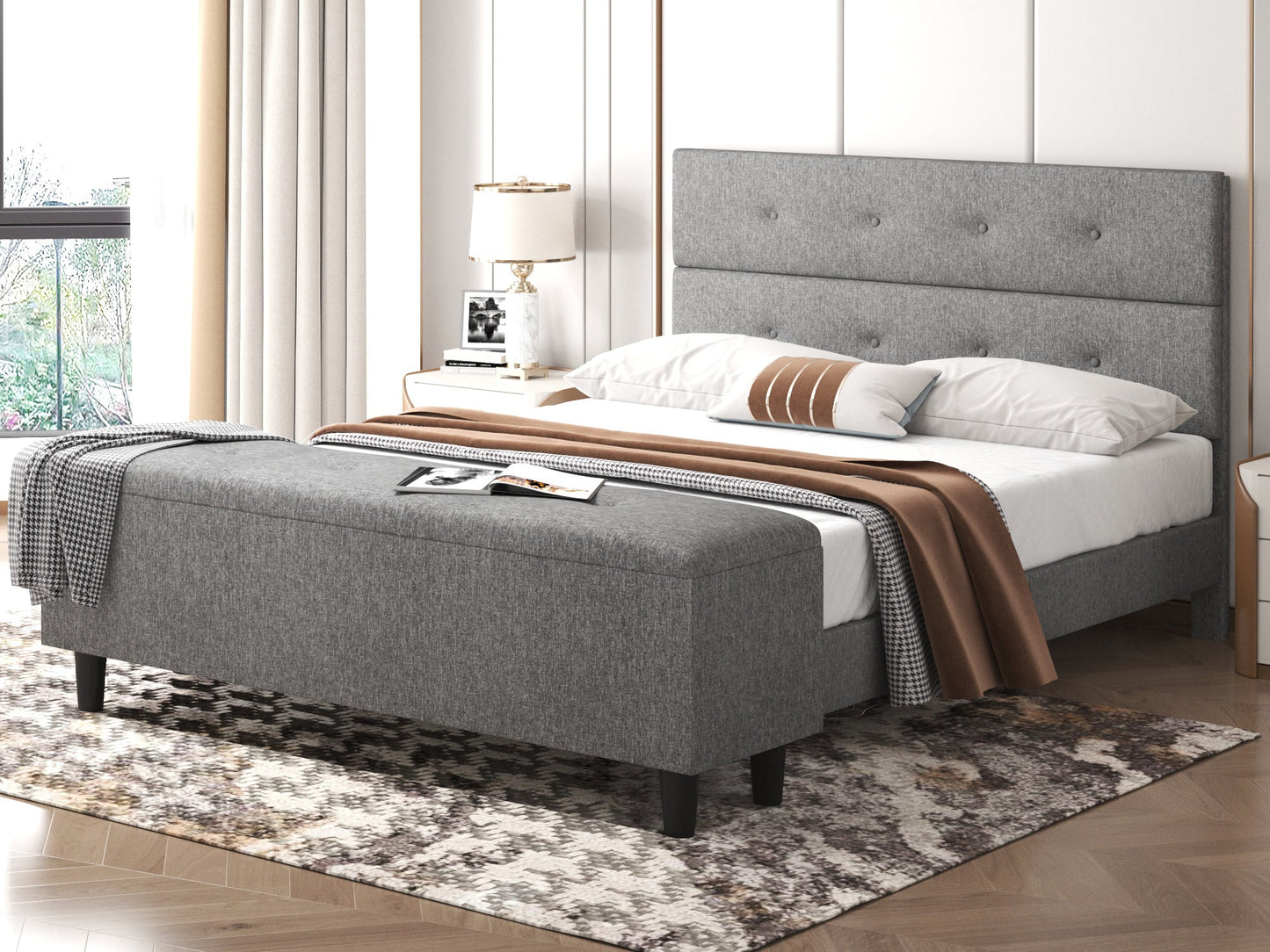 Upholstered  Bed Frame with Ottoman Storage Bench