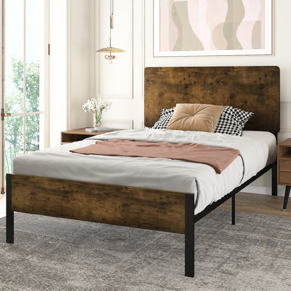 Platform Bed Frame with Wood headboard and Metal Slats/Rustic Country Style Mattress Foundation/Box Spring Optional