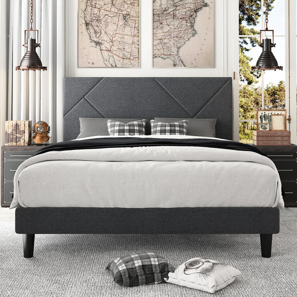 Queen Size Metal Bed Frame with Geometric Upholstered Headboard, Grey