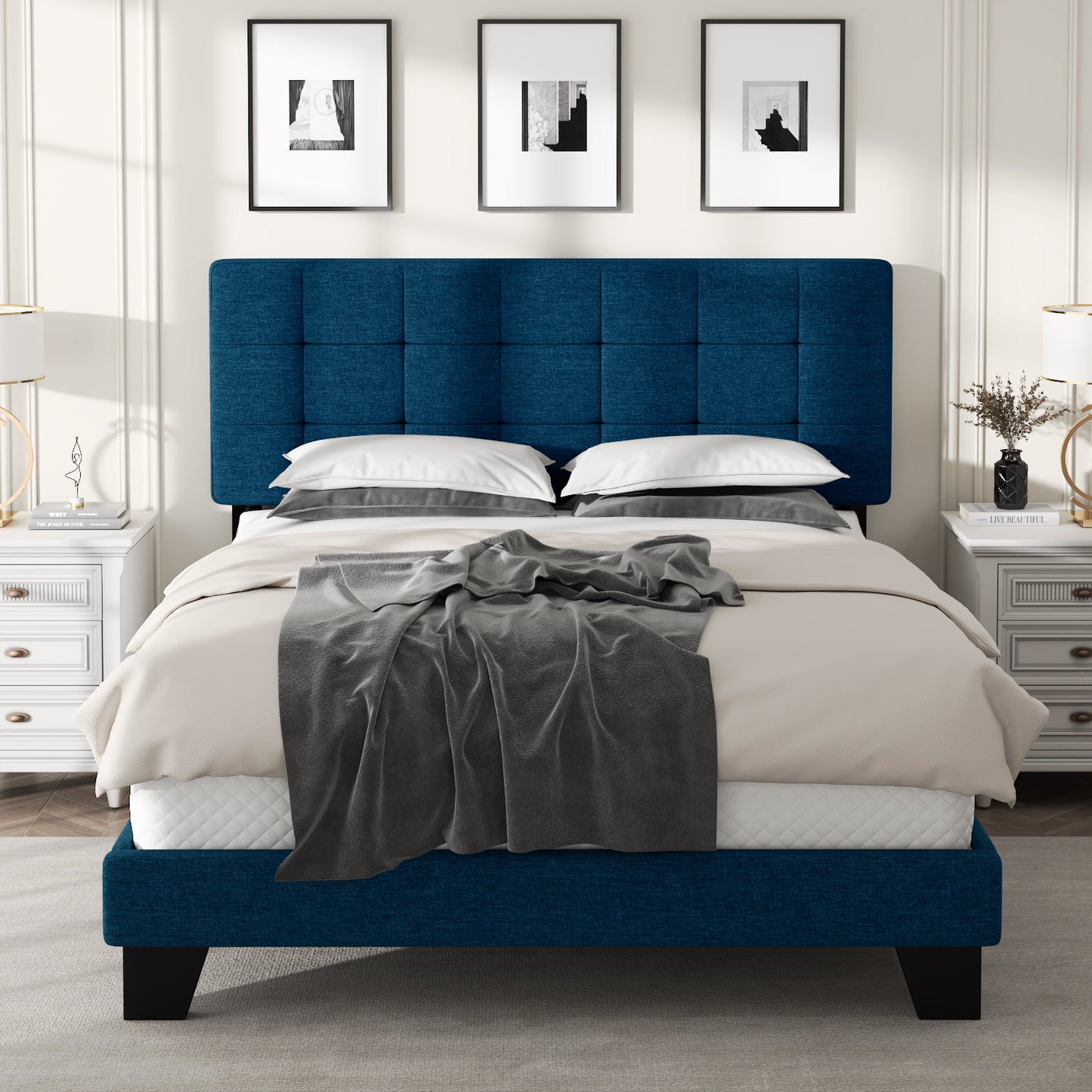 Queen Size Fabric Upholstered Panel Bed Frame with Adjustable Headboard, Square Stitched Style, Grey
