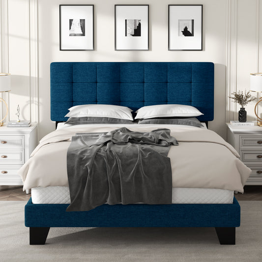 Queen Size Fabric Upholstered Panel Bed Frame with Adjustable Headboard, Square Stitched Style, Grey