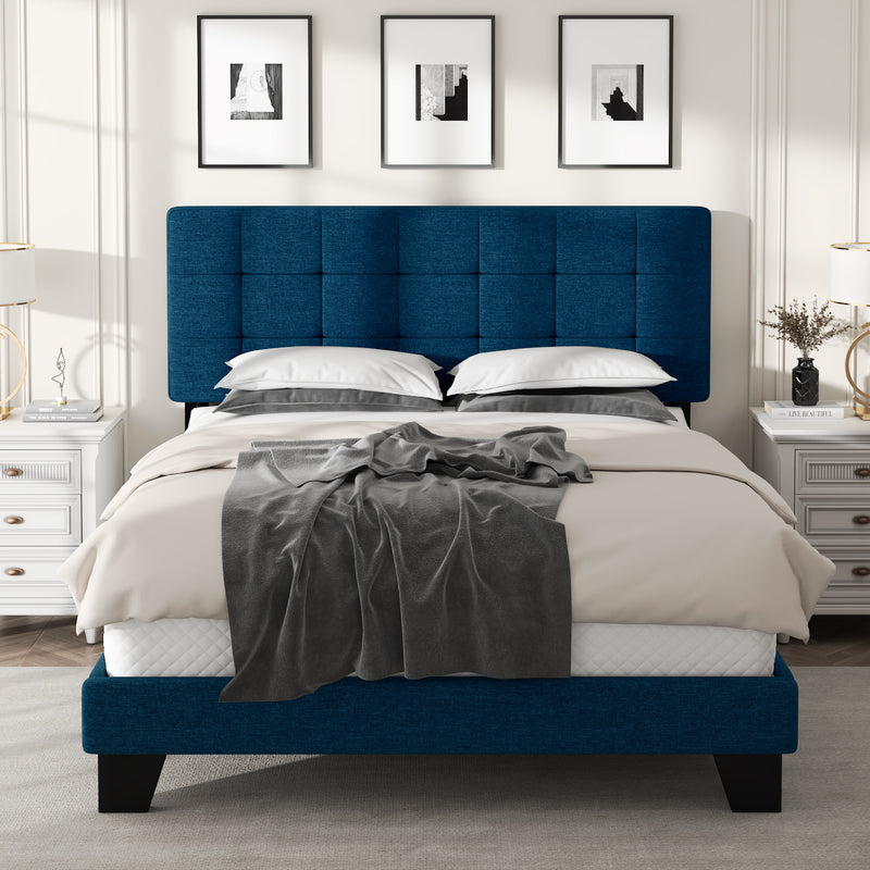 Queen Size Fabric Upholstered Panel Bed Frame with Adjustable Headboard, Square Stitched Style, Grey