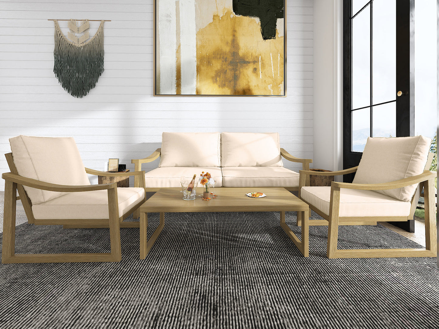4 Pieces Patio Furniture Set Outdoor Conversation Sets, Modern Loveseat, Table and Chairs