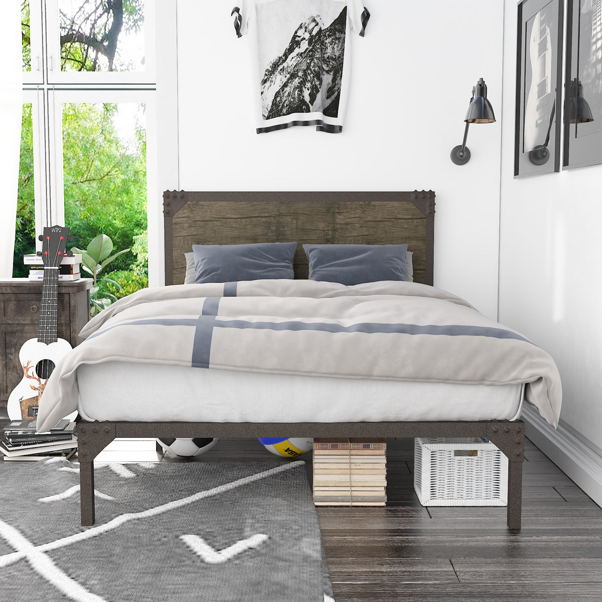 Queen Size Bed Frame with Industrial Wooden Rivet Headboard,Metal Platform Bed Frame with 13 Strong Slats Support, Rustic Brown