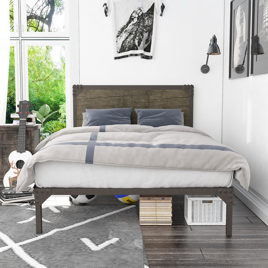Queen Size Bed Frame with Industrial Wooden Rivet Headboard,Metal Platform Bed Frame with 13 Strong Slats Support, Rustic Brown