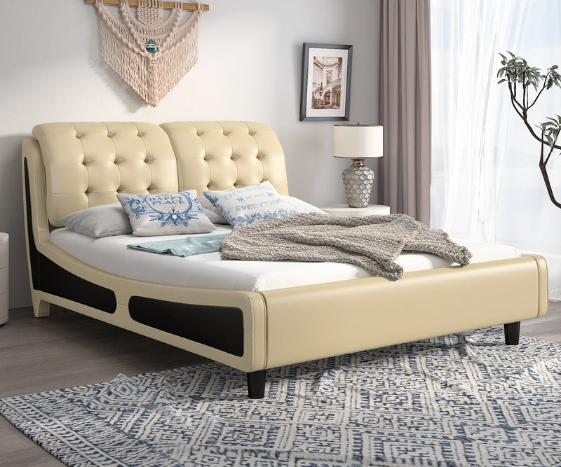Deluxe Upholstered Platform Bed Frame, Button Tufted Sleigh Headboard with Double Backrest