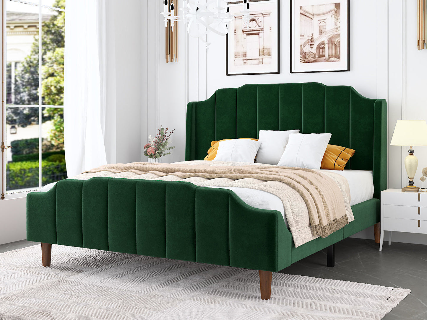 Modern Curved Wood Bed Frame with Upholstered Wingback Headboard