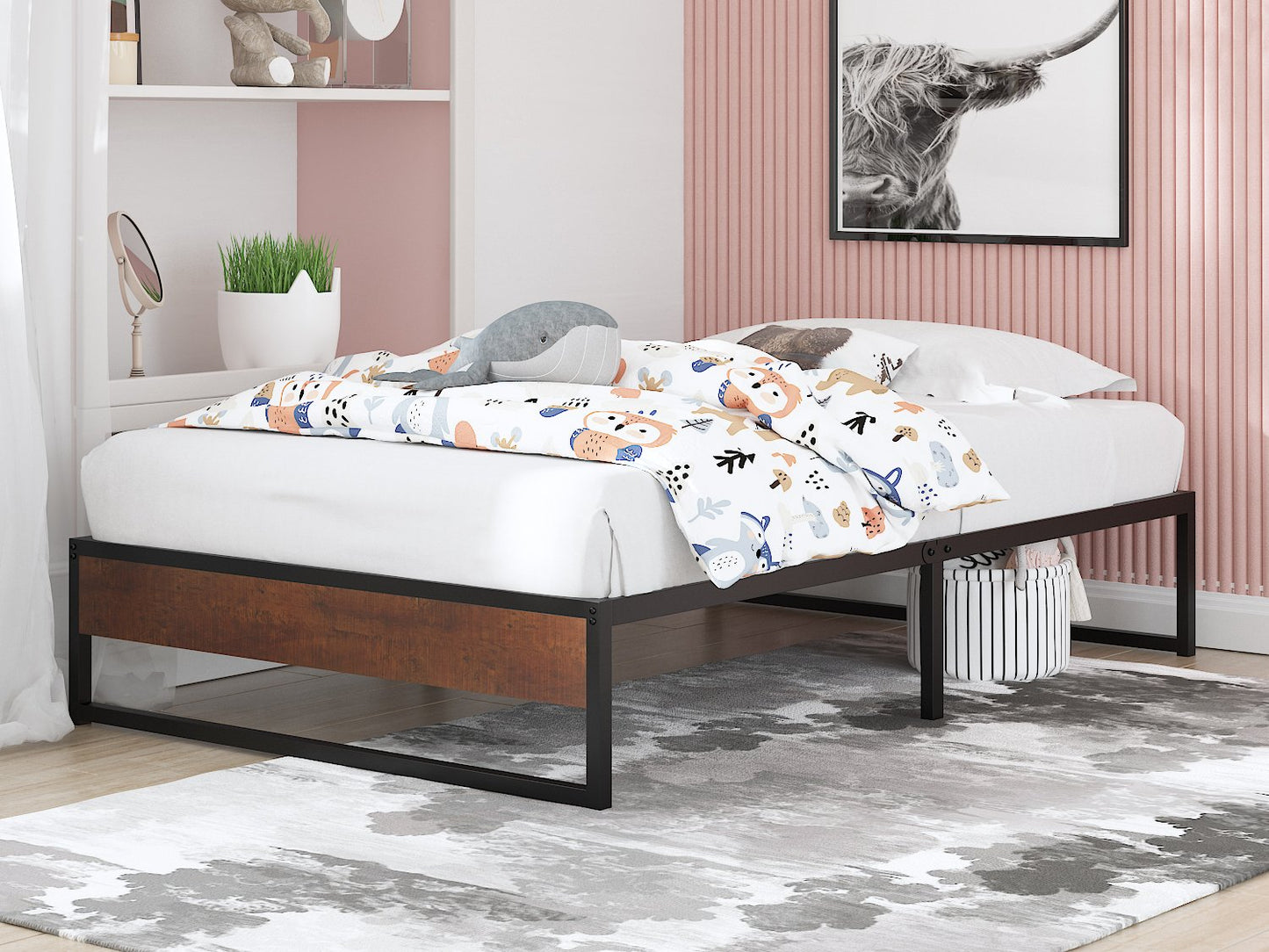 14 Inch Metal Bed Frame with Storage, Mattress Foundation with Rustic Wood