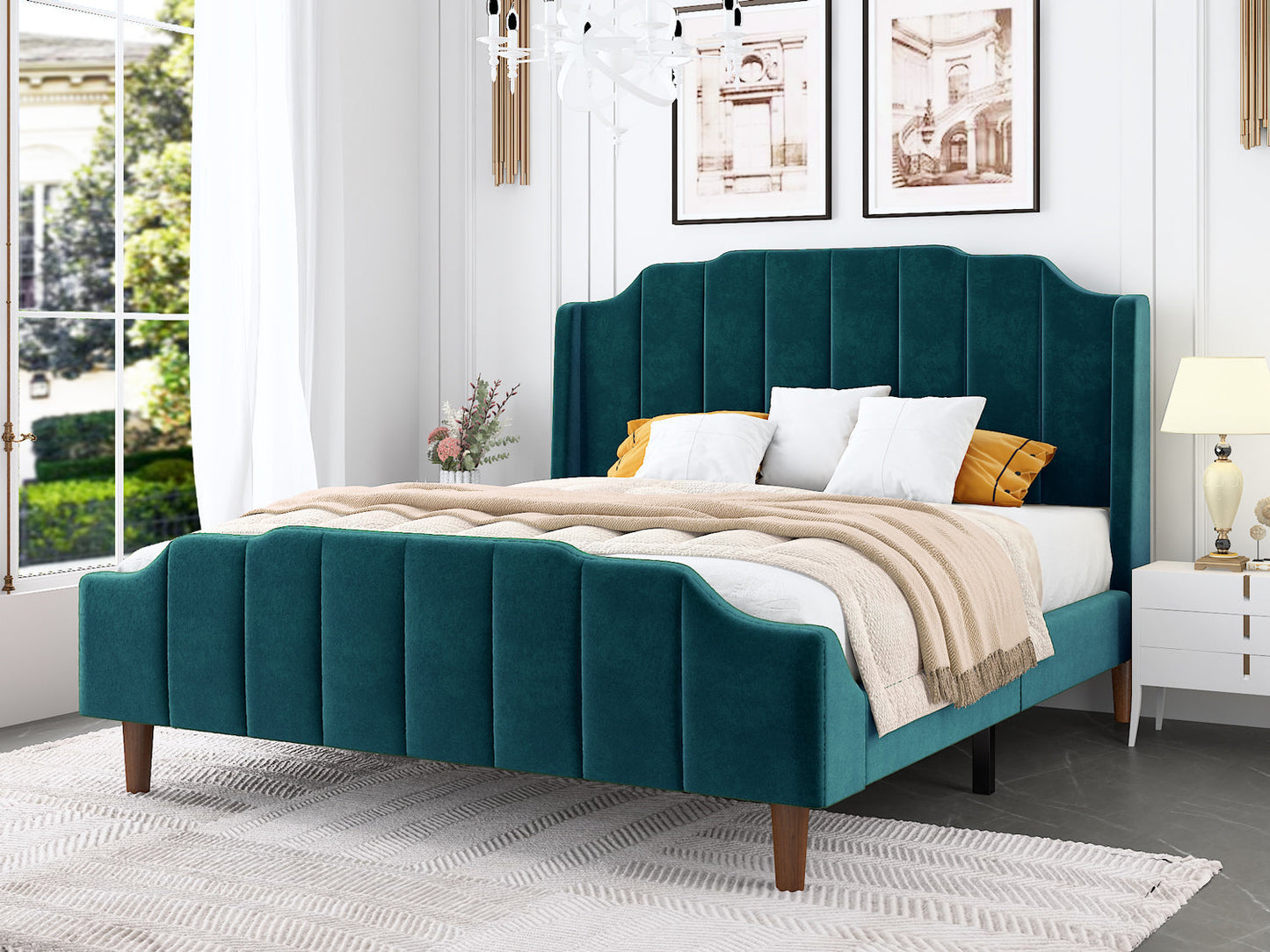 Modern Curved Wood Bed Frame with Upholstered Wingback Headboard