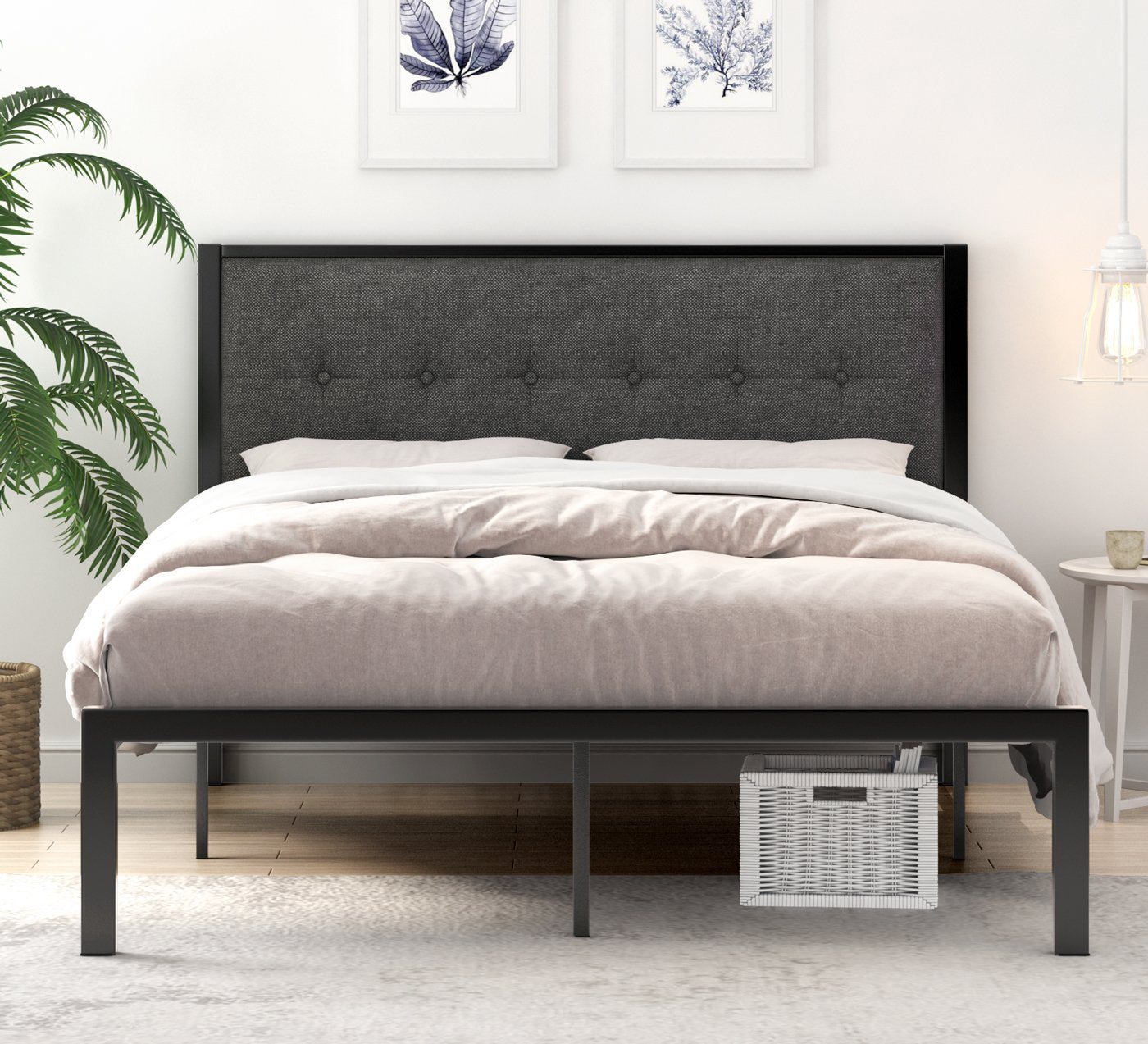 Bed Frame with Upholstered Button Tufted Square Stitch Headboard