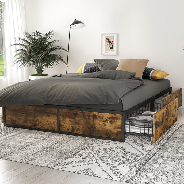 Industrial Metal Bed Frame with 4 Sliding XL Storage Drawers, Platform Bed with Large Storage Space