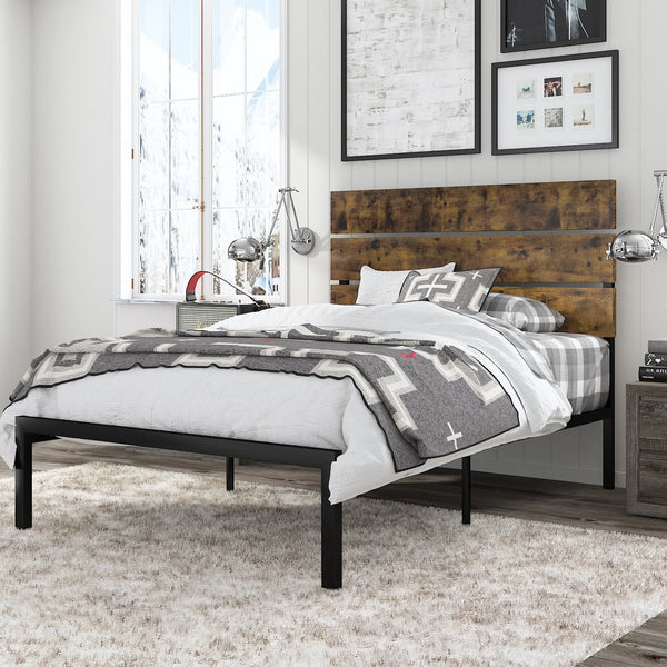 Platform Bed Frame with Wood headboard and Metal Slats / Rustic Country Style Mattress Foundation