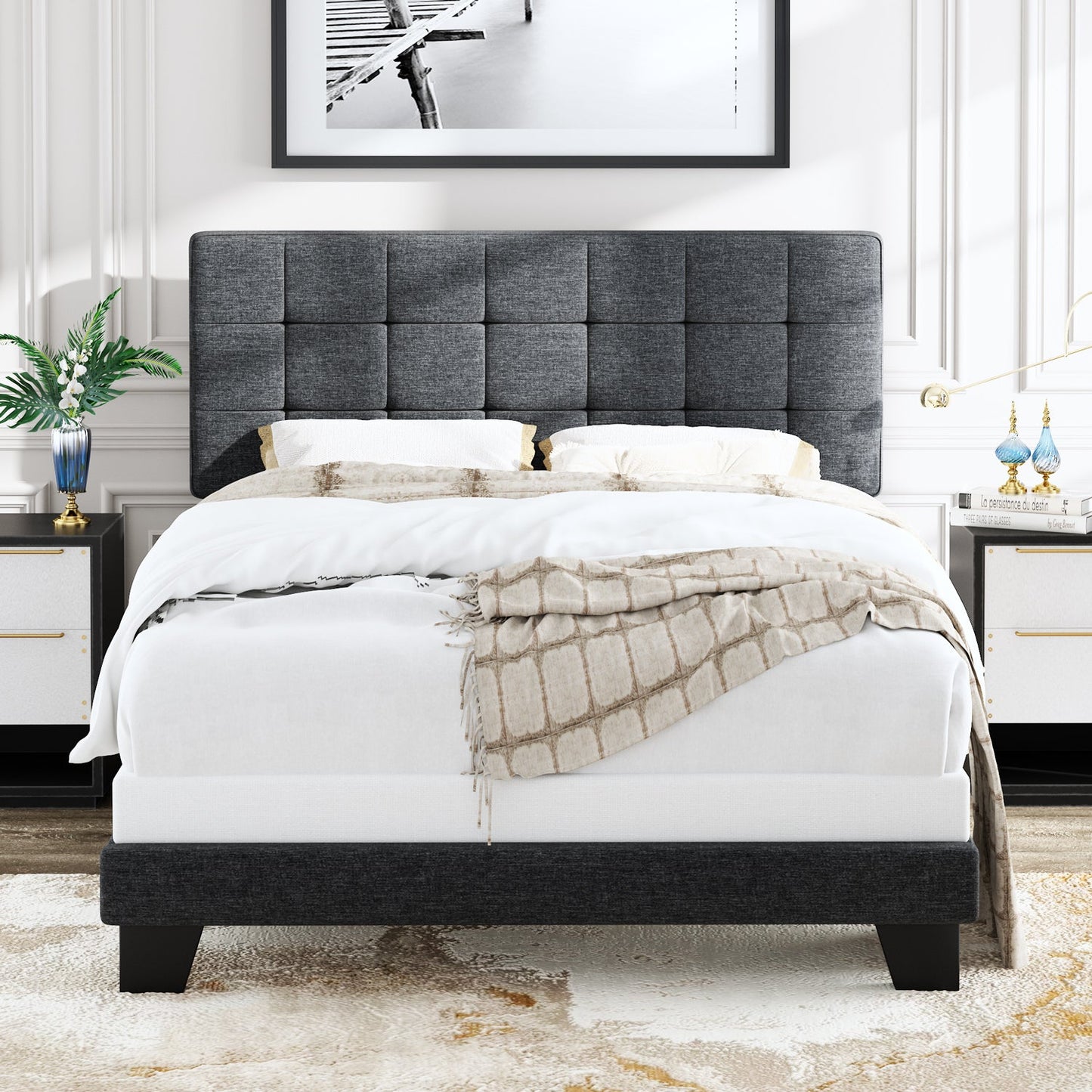 Fabric Upholstered Platform Bed Frame, Panel Bed Frame with Adjustable High Headboard