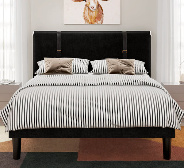 Modern Upholstered Bed, Skin-Friendly Black Velvet Headboard, Queen Size, Black color