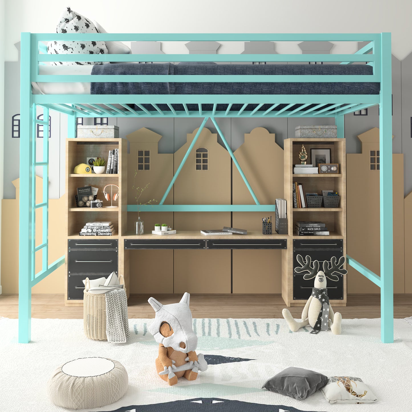 Loft Bed Frame for Juniors&Adults, Metal Loft Bed Twin Size with Safety Guardrail&Removable Ladder, Space-Saving, Noise Free