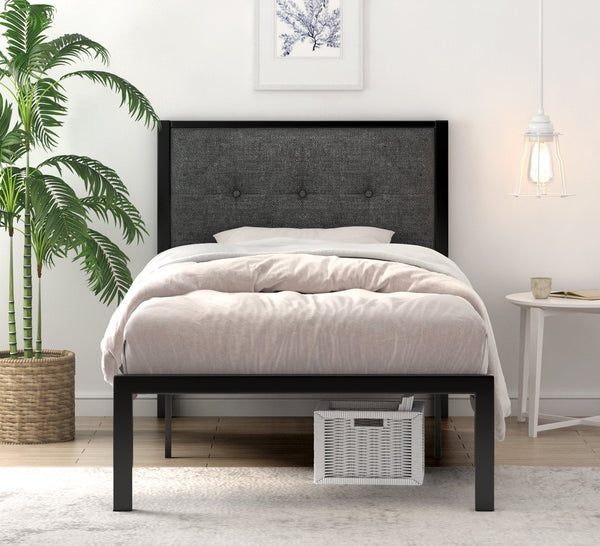 Bed Frame with Upholstered Button Tufted Square Stitch Headboard