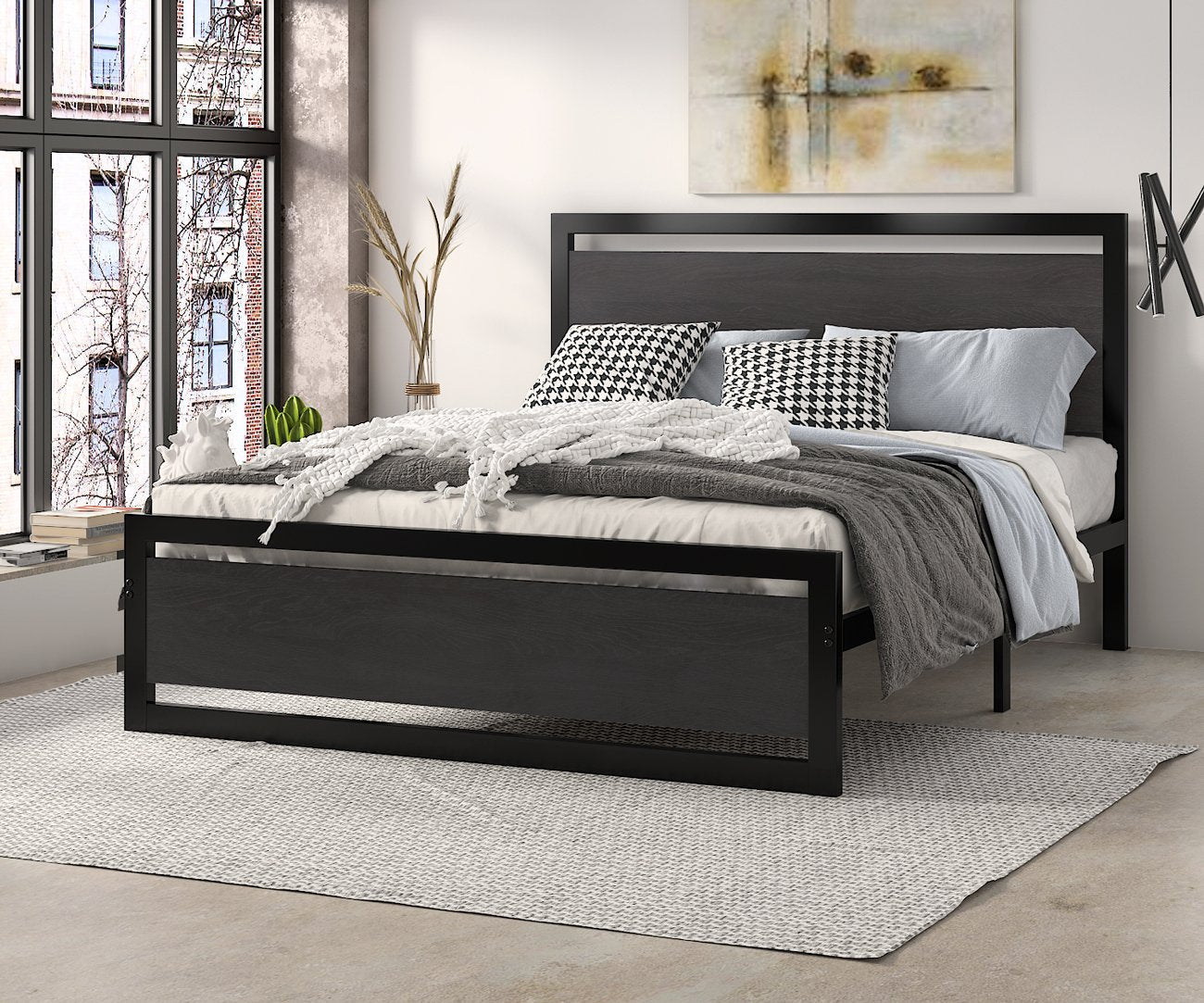 Heavy Duty Platform Bed, Metal Bed Frame with Modern Wooden Headboard & Footboard