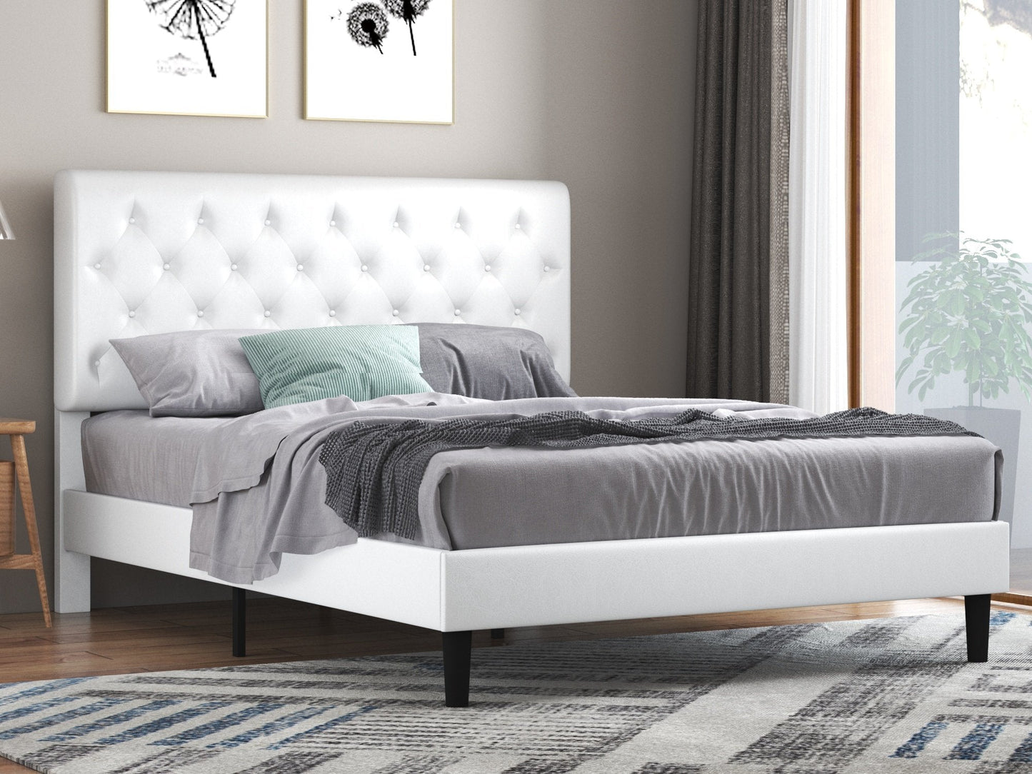 Faux Leather Upholstered Bed Frame with Adjustable Diamond Stitched Button Tufted Headboard