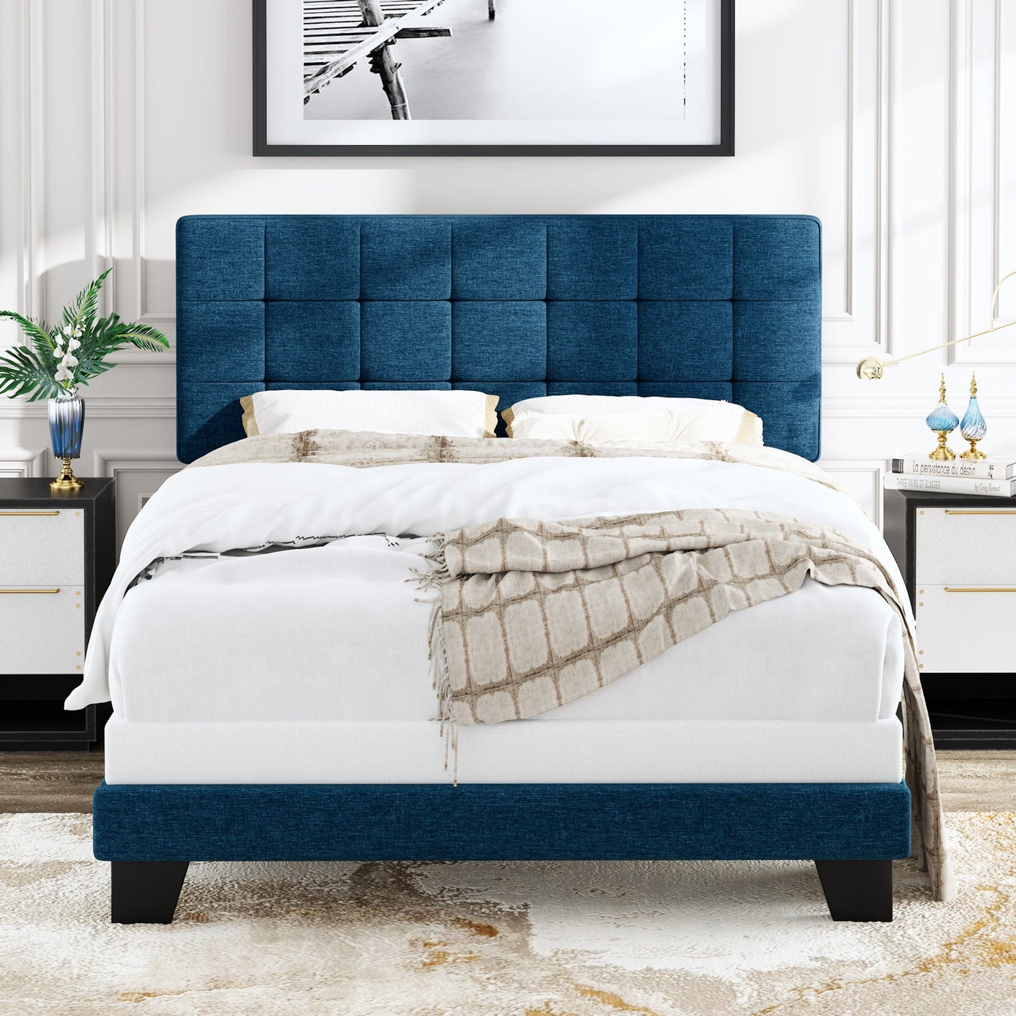 Fabric Upholstered Platform Bed Frame, Panel Bed Frame with Adjustable High Headboard