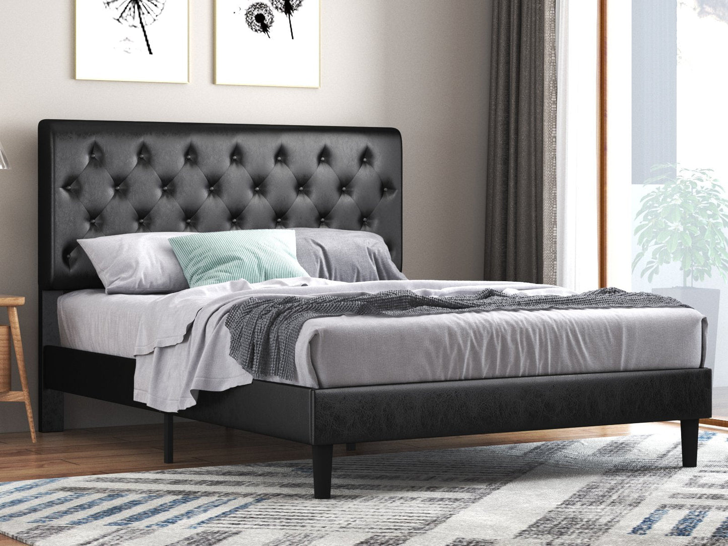 Faux Leather Upholstered Bed Frame with Adjustable Diamond Stitched Button Tufted Headboard