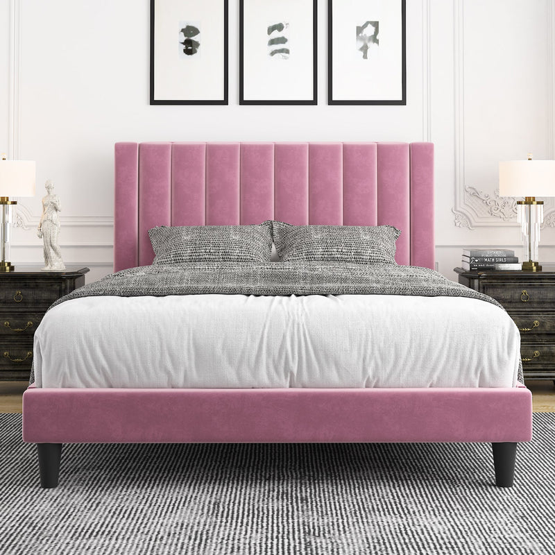 Velvet Upholstered Platform Bed Frame with Headboard, Strong Wood Slats Support