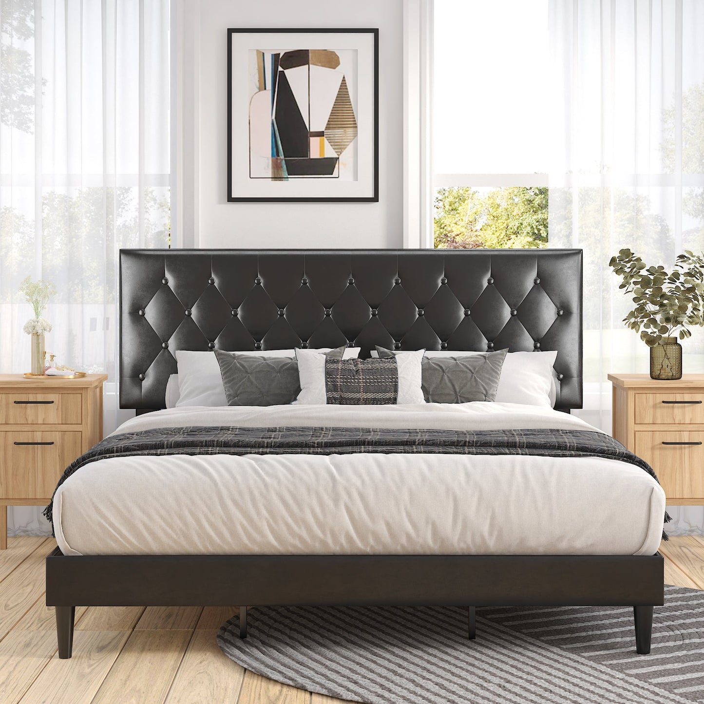 Faux Leather Upholstered Bed Frame with Adjustable Diamond Stitched Button Tufted Headboard