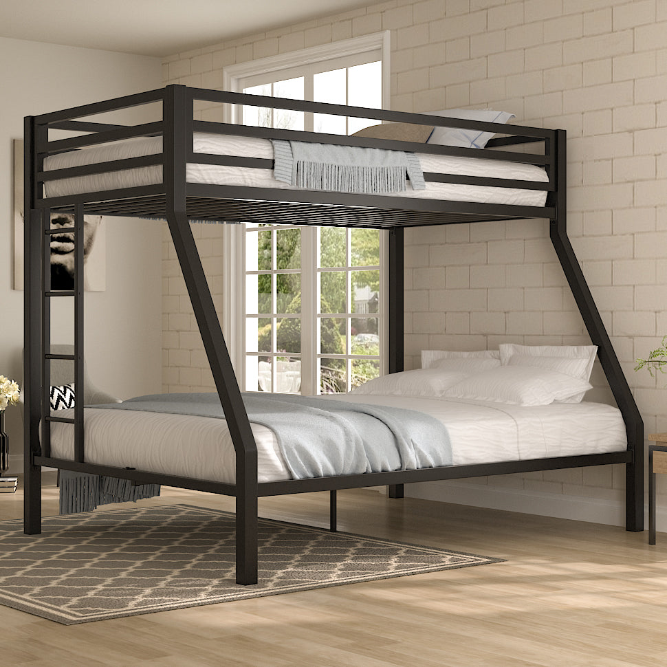 Twin Over Full Bunk Bed Frame with Ladder, Metal Bed Frame with Full-Length Guardrail, Space-Saving Design, No Box Spring Needed, Noise Free