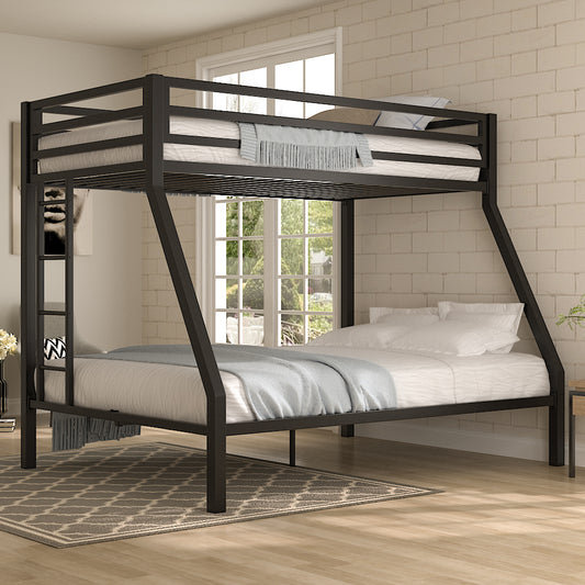 Twin Over Full Bunk Bed Frame with Ladder, Metal Bed Frame with Full-Length Guardrail, Space-Saving Design, No Box Spring Needed, Noise Free