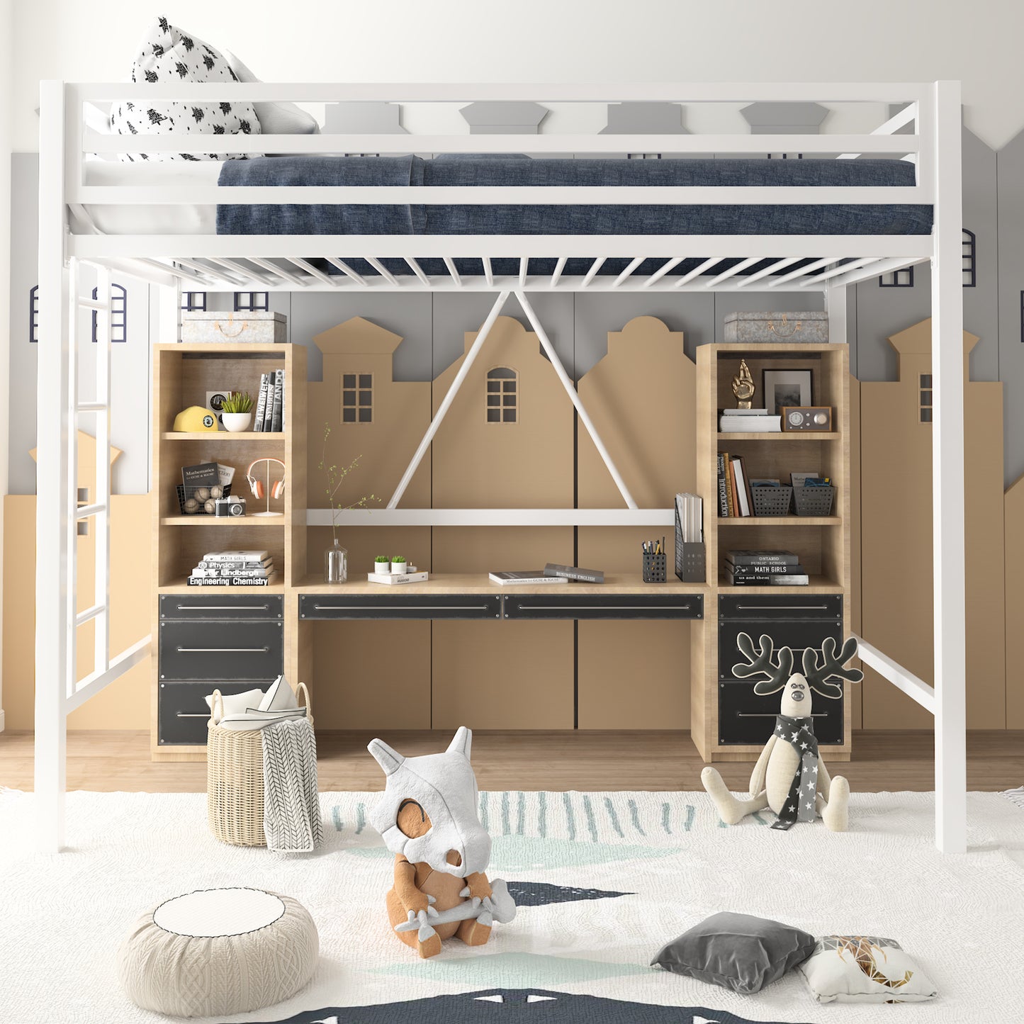 Loft Bed Frame for Juniors&Adults, Metal Loft Bed Twin Size with Safety Guardrail&Removable Ladder, Space-Saving, Noise Free