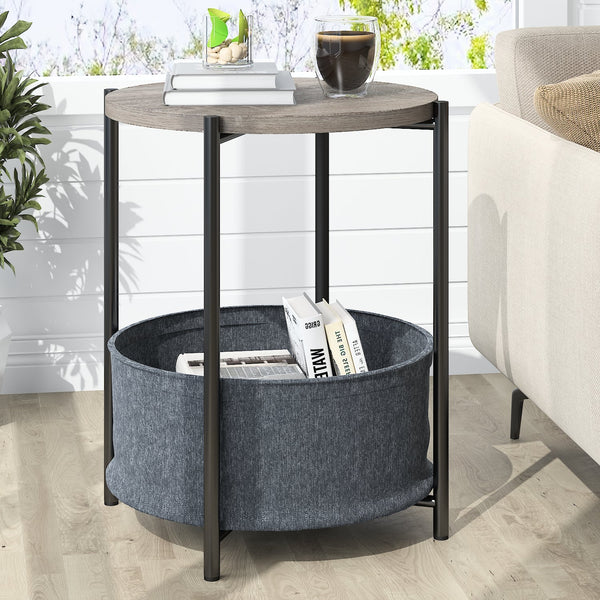 Round Side Table with Fabric Storage Basket, Industrial End Table, Bedside Table, Coffee Table with Metal Frame