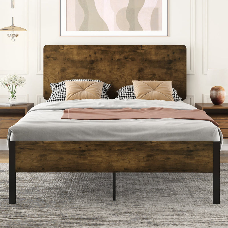 Platform Bed Frame with Wood headboard and Metal Slats/Rustic Country Style Mattress Foundation/Box Spring Optional
