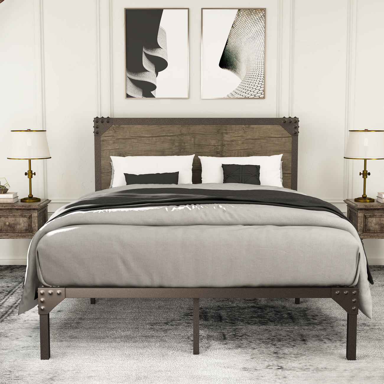 Queen Size Bed Frame with Industrial Wooden Rivet Headboard,Metal Platform Bed Frame with 13 Strong Slats Support, Rustic Brown