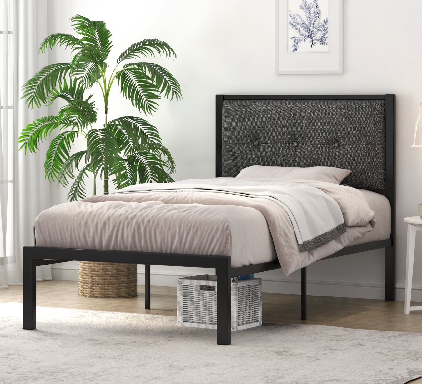 Bed Frame with Upholstered Button Tufted Square Stitch Headboard