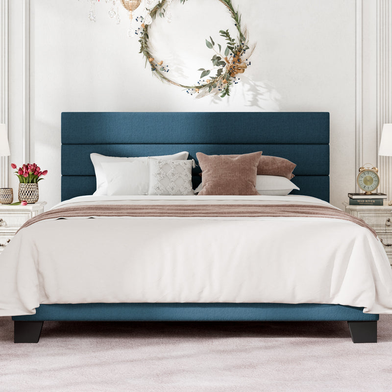 Modern Upholstered Platform Bed Frame with Headboard and Wooden Slats