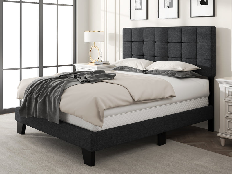 Queen Size Fabric Upholstered Panel Bed Frame with Adjustable Headboard, Square Stitched Style, Grey